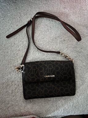 Calvin Klein Dark Brown Logo Crossbody with Gold Hardware